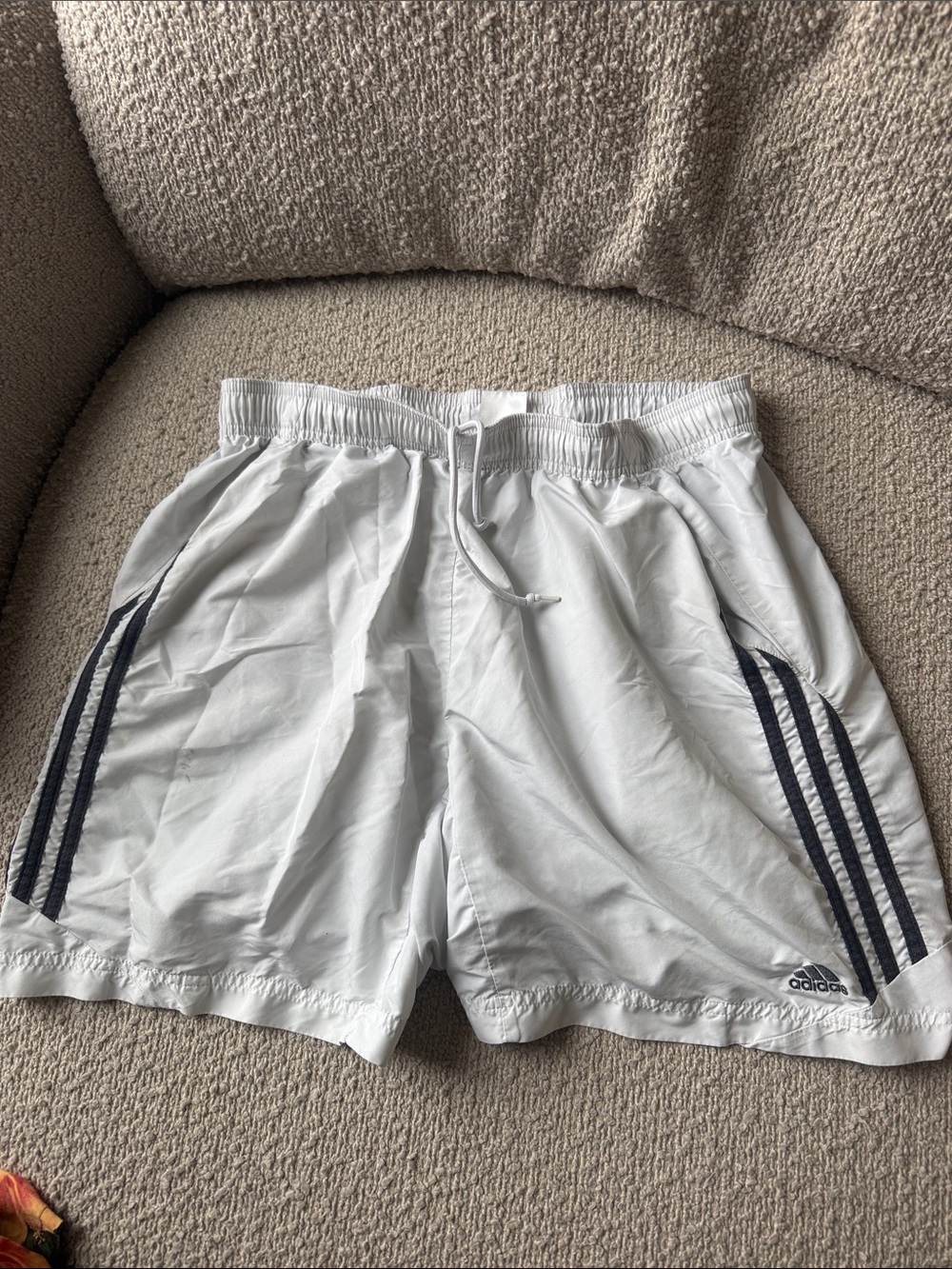 adidas White Swim Trunks with Navy Side Stripes